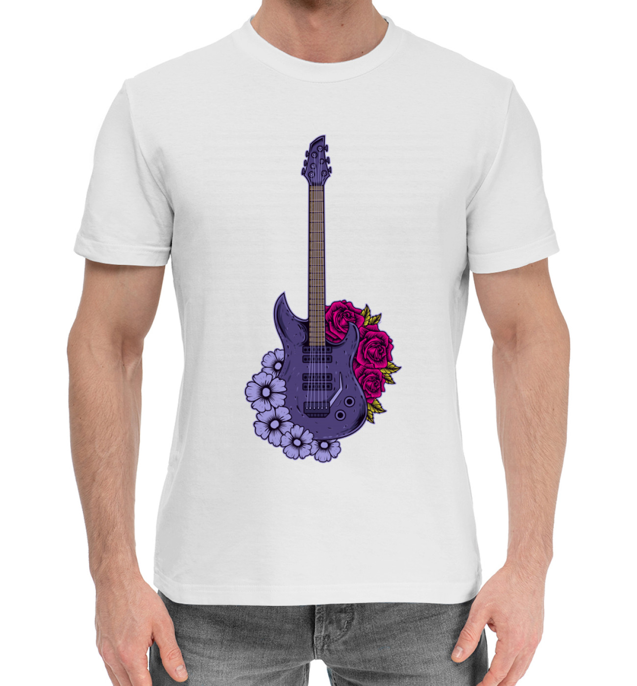 Мужская Хлопковая футболка Гитара и цветы, артикул: MZK-720198-hfu-2