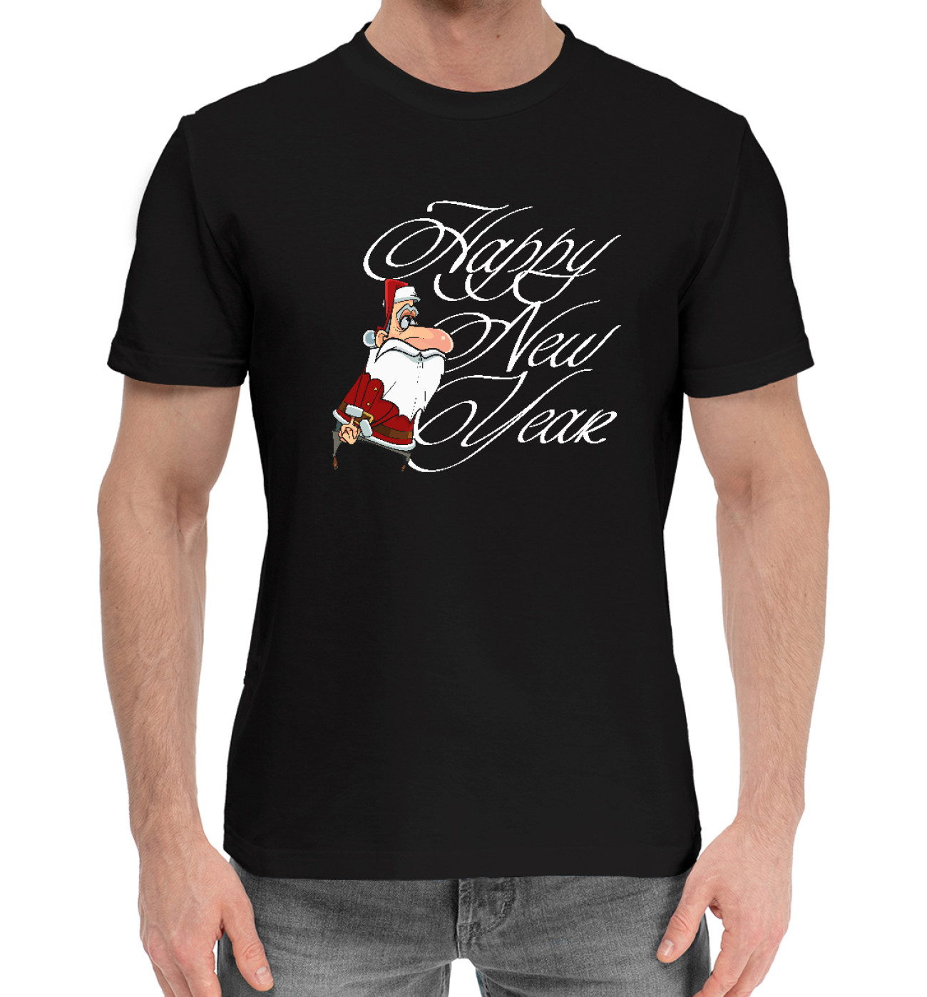 Мужская Хлопковая футболка Санта Клаус Happy New Year, артикул: DMZ-746075-hfu-2
