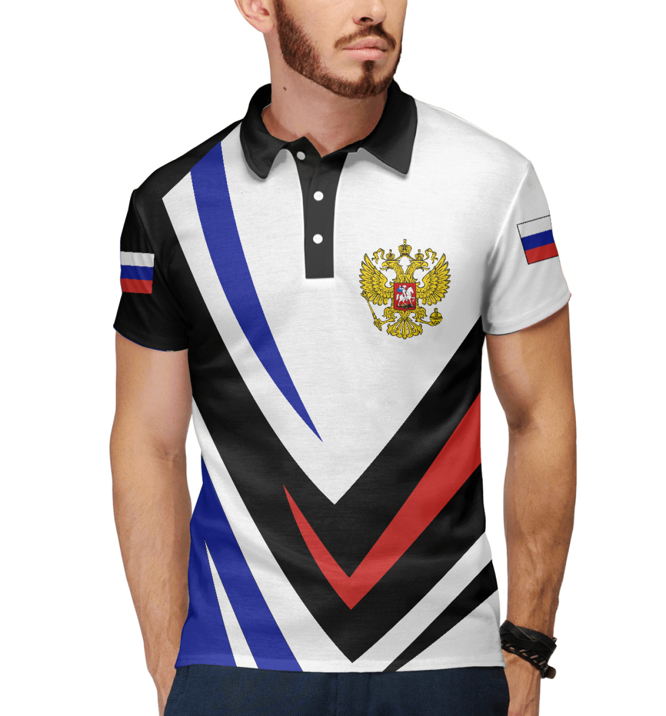 Мужское Поло Россия - флаг на рукавах, артикул: SRF-641096-pol-2